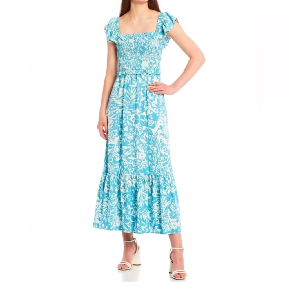 Floral Print Blue Multicolor Ruched Ruffle Open Back Sleeveless Maxi Dress